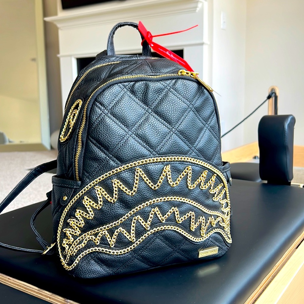 SPRAYGROUND NOIR QUILT GOLD CHAIN SHARK SAVAGE BACKPACK *NEW*